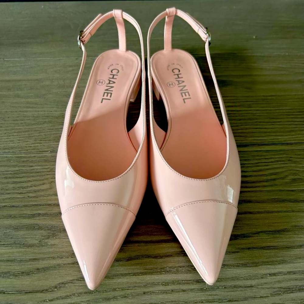 Chanel Light Pink Patent Classic Slingback Flats
